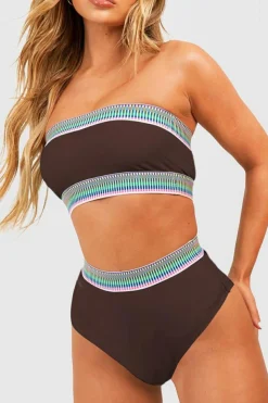 Best Dear-Lover Contrast Banding Tube Bikini High Waist 2pcs Swimsuit Coffee