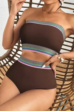 Best Dear-Lover Contrast Banding Tube Bikini High Waist 2pcs Swimsuit Coffee