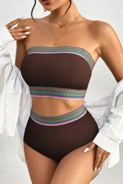 Best Dear-Lover Contrast Banding Tube Bikini High Waist 2pcs Swimsuit Coffee