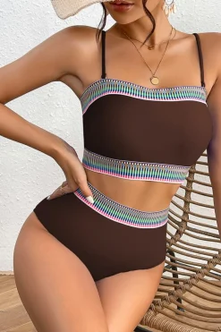 Best Dear-Lover Contrast Banding Tube Bikini High Waist 2pcs Swimsuit Coffee