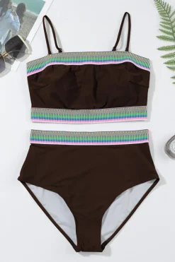Best Dear-Lover Contrast Banding Tube Bikini High Waist 2pcs Swimsuit Coffee