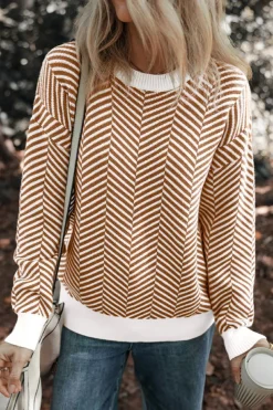 Fashion Dear-Lover Contrast Edge Crew Neck Drop Shoulder Sweater Coffee