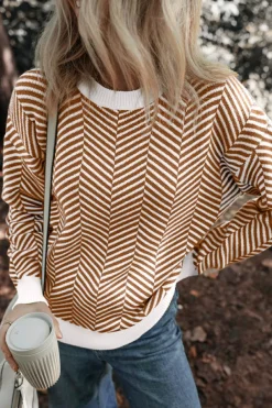Fashion Dear-Lover Contrast Edge Crew Neck Drop Shoulder Sweater Coffee