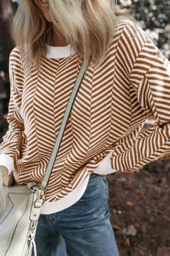 Fashion Dear-Lover Contrast Edge Crew Neck Drop Shoulder Sweater Coffee