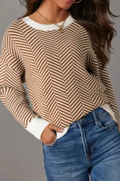 Fashion Dear-Lover Contrast Edge Crew Neck Drop Shoulder Sweater Coffee