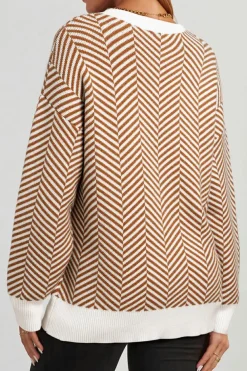 Fashion Dear-Lover Contrast Edge Crew Neck Drop Shoulder Sweater Coffee