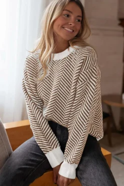 Fashion Dear-Lover Contrast Edge Crew Neck Drop Shoulder Sweater Coffee