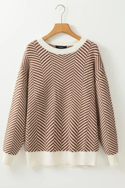 Fashion Dear-Lover Contrast Edge Crew Neck Drop Shoulder Sweater Coffee