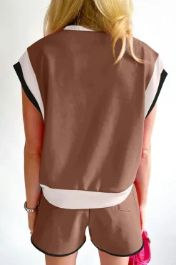 Clearance Dear-Lover Contrast Trim Cap Sleeve Tee Shorts Set Coffee