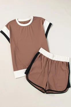 Clearance Dear-Lover Contrast Trim Cap Sleeve Tee Shorts Set Coffee