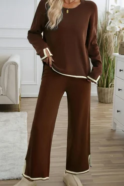 Hot Dear-Lover Contrast Trim Split Cuffs Long 2pcs Sweater Outfit Loungewear Coffee