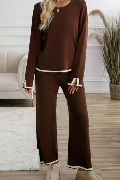 Hot Dear-Lover Contrast Trim Split Cuffs Long 2pcs Sweater Outfit Loungewear Coffee