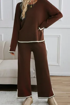 Hot Dear-Lover Contrast Trim Split Cuffs Long 2pcs Sweater Outfit Loungewear Coffee