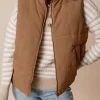 Fashion Dear-Lover Corduroy Stand Neck Zipped Puffer Vest Coffee
