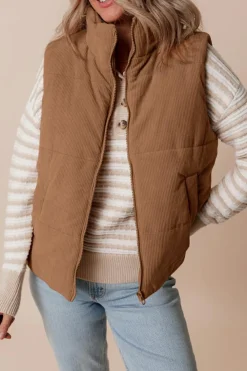 Fashion Dear-Lover Corduroy Stand Neck Zipped Puffer Vest Coffee