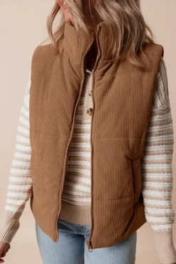 Fashion Dear-Lover Corduroy Stand Neck Zipped Puffer Vest Coffee