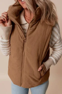 Fashion Dear-Lover Corduroy Stand Neck Zipped Puffer Vest Coffee