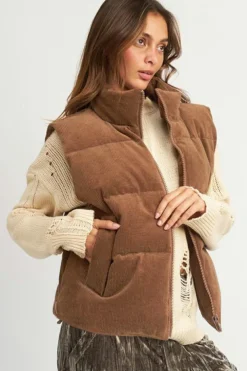 Fashion Dear-Lover Corduroy Stand Neck Zipped Puffer Vest Coffee