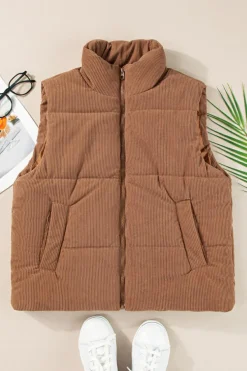 Fashion Dear-Lover Corduroy Stand Neck Zipped Puffer Vest Coffee