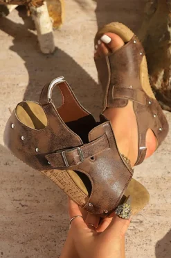 New Dear-Lover Cut Out Buckle Decor PU Leather Platform Sandals Coffee