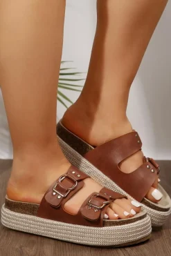 Best Dear-Lover Dual Buckle PU Leather Braided Platform Slippers Coffee