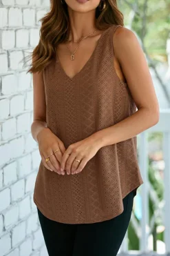 Best Dear-Lover Eyelet Knit Patterned Loose V Neck Tank Top Coffee