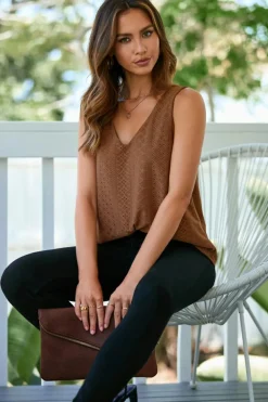 Best Dear-Lover Eyelet Knit Patterned Loose V Neck Tank Top Coffee