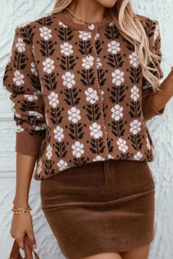 Sale Dear-Lover Floral Print Ribbed Trim Buttoned Cardigan Coffee