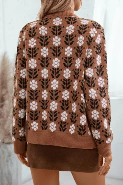 Sale Dear-Lover Floral Print Ribbed Trim Buttoned Cardigan Coffee