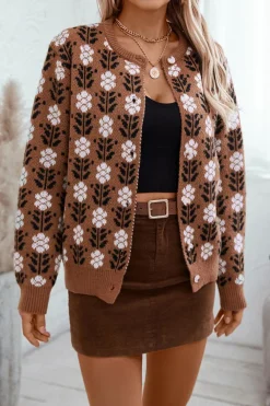 Sale Dear-Lover Floral Print Ribbed Trim Buttoned Cardigan Coffee
