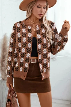 Sale Dear-Lover Floral Print Ribbed Trim Buttoned Cardigan Coffee