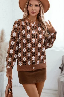 Sale Dear-Lover Floral Print Ribbed Trim Buttoned Cardigan Coffee