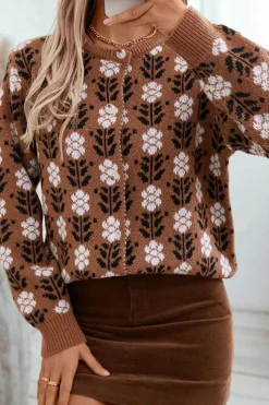 Sale Dear-Lover Floral Print Ribbed Trim Buttoned Cardigan Coffee
