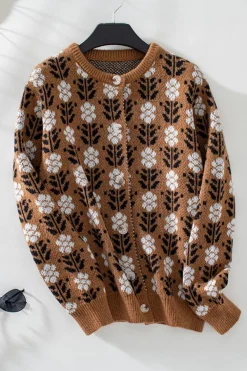 Sale Dear-Lover Floral Print Ribbed Trim Buttoned Cardigan Coffee
