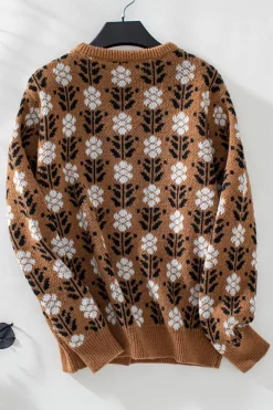 Sale Dear-Lover Floral Print Ribbed Trim Buttoned Cardigan Coffee