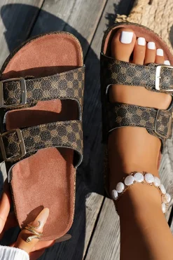 Online Dear-Lover Geometric Print Cut Out Buckle PU Leather Flat Slippers Coffee