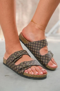 Online Dear-Lover Geometric Print Cut Out Buckle PU Leather Flat Slippers Coffee