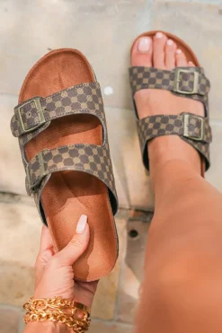 Online Dear-Lover Geometric Print Cut Out Buckle PU Leather Flat Slippers Coffee