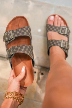 Online Dear-Lover Geometric Print Cut Out Buckle PU Leather Flat Slippers Coffee