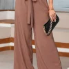 Sale Dear-Lover High Waisted Tie Front Side Pocket Wide Leg Flowy Casual Pants Coffee