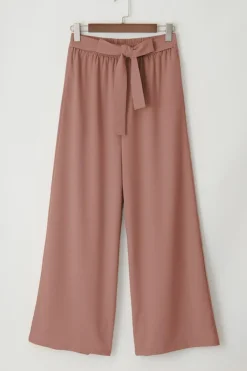 Sale Dear-Lover High Waisted Tie Front Side Pocket Wide Leg Flowy Casual Pants Coffee