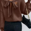 Sale Dear-Lover Lantern Sleeve V Neck Knot Back Sweater Coffee