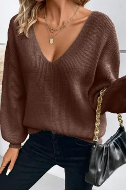 Sale Dear-Lover Lantern Sleeve V Neck Knot Back Sweater Coffee