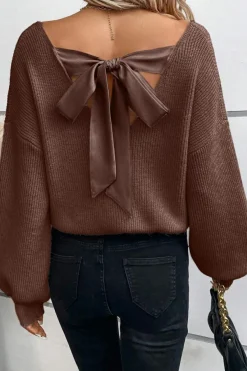 Sale Dear-Lover Lantern Sleeve V Neck Knot Back Sweater Coffee