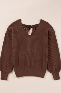Sale Dear-Lover Lantern Sleeve V Neck Knot Back Sweater Coffee