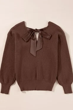 Sale Dear-Lover Lantern Sleeve V Neck Knot Back Sweater Coffee