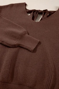 Sale Dear-Lover Lantern Sleeve V Neck Knot Back Sweater Coffee