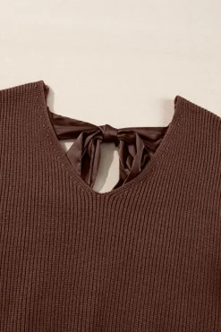 Sale Dear-Lover Lantern Sleeve V Neck Knot Back Sweater Coffee