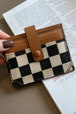 Best Dear-Lover Leather Checkered Canvas Patchwork Card Storage Wallet Coffee
