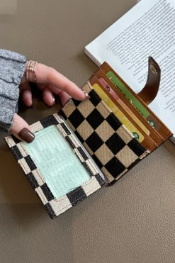 Best Dear-Lover Leather Checkered Canvas Patchwork Card Storage Wallet Coffee